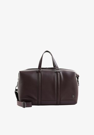 Sac de voyage en cuir marron foncé avec deux poignées, une bandoulière amovible et un petit logo en métal dans le coin inférieur droit.