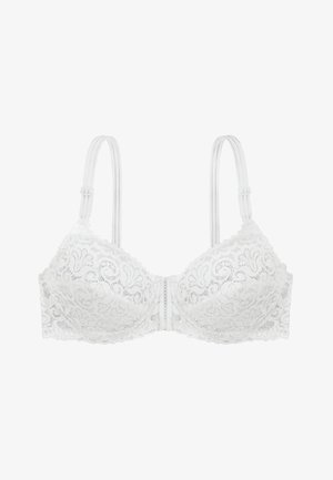 Balta mežģīņu krūšturis ar neregulējamu svēruma stiepi, ziedu rakstu, regulējamām siksniņām, gludu tekstūru un centrālu dekoratīvu detaļu.