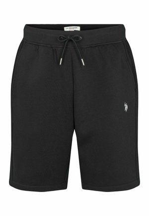 Pantaloni scurți casual negri cu talie reglabilă, buzunare laterale și un mic logo brodat cu jucător de polo alb pe coapsa stângă.