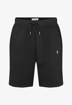 Czarne luźne szorty z elastycznym paskiem na sznurek, bocznymi kieszeniami i małym haftowanym logo gracza polo w białym kolorze na lewej udzie.