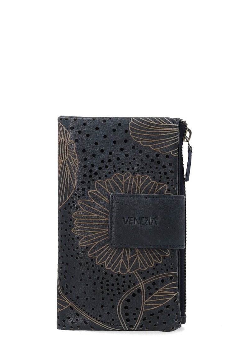Zwarte leren portemonnee met geperforeerd ontwerp en bloemenembossing. Voorzien van een ritsluiting en een rechthoekige vorm met een merklabel.