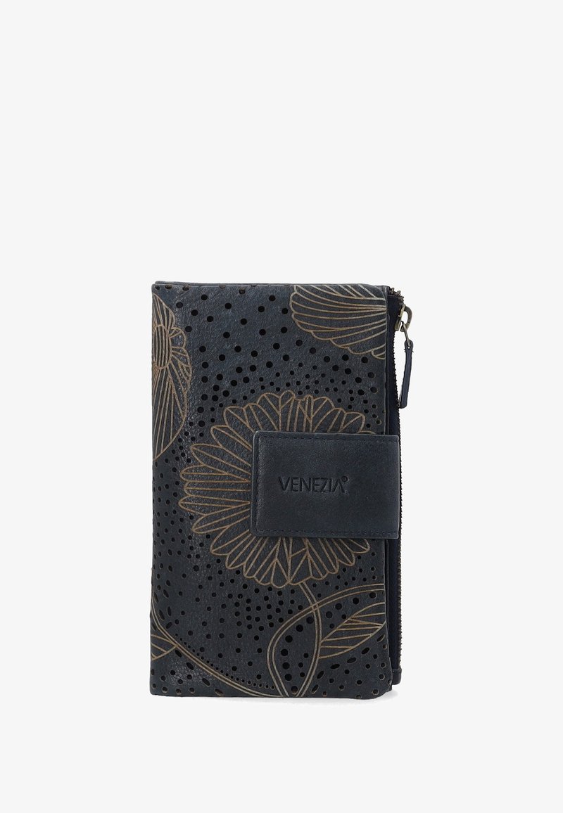 Zwarte leren portemonnee met geperforeerd ontwerp en bloemenembossing. Voorzien van een ritsluiting en een rechthoekige vorm met een merklabel.