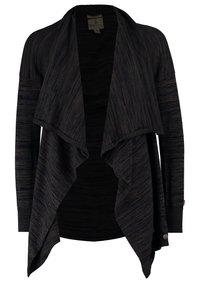 Lång, öppen cardigan i mörk marinblått stickat tyg. Har ribbad textur, draperad krage och vida ärmar. Liten logotypdetalj på ärmslutet.