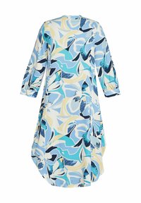 Blumenkleid mit einer Mischung aus blauen, gelben und schwarzen abstrakten Mustern, langen Ärmeln und einer lockeren, entspannten Silhouette.