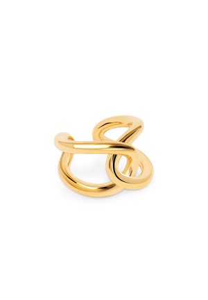 Goldfarbener, abstrakter Ring mit ineinander verschlungenen Schlaufen, ausgestattet mit einer glänzenden Oberfläche und glatter Textur, entworfen für einen bequemen Sitz an den Fingern.
