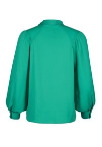 Green blouse with long, puffed sleeves and a round collar. Made of smooth fabric, features button details on the sleeve cuffs.