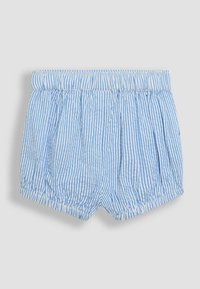 Shorts en coton rayés bleu et blanc avec une taille élastique froncée, présentant des plis et une coupe décontractée, offrant un design léger et aérien.