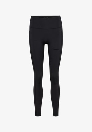 Sorte tætsiddende sportstights med høj talje og diskret logo på øvre lår, designet til sport eller aktivt brug.