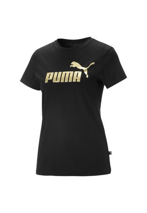 Zwarte katoenen t-shirt met een gouden "PUMA" logo en een springende poema grafiek. Klassieke ronde hals en korte mouwen. Eenvoudig ontwerp.