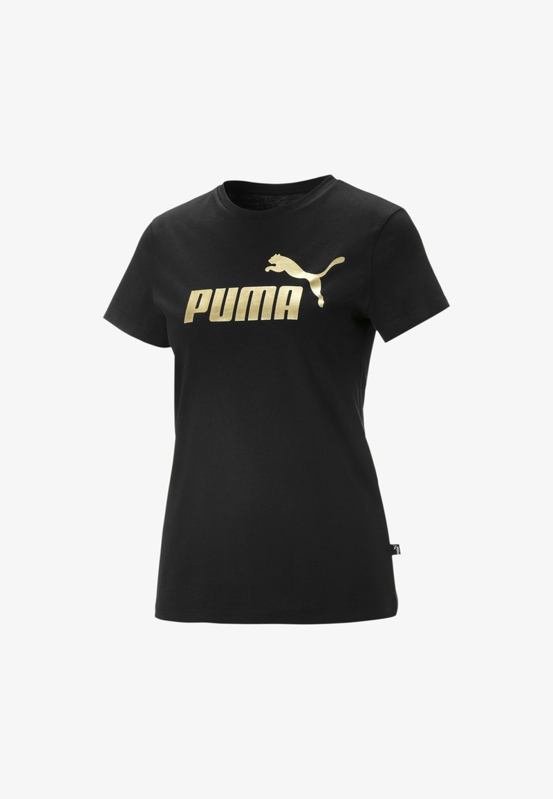 T-shirt en coton noir avec un logo "PUMA" doré et un graphique de puma en pleine course. Encolure ronde classique et manches courtes. Design simple.
