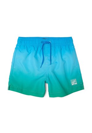 Short de bain avec un dégradé bleu-vert, taille élastique, cordon bleu, poches latérales et un petit patch palmier sur la jambe.