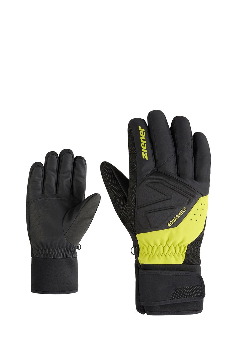 Black insulated gloves with yellow accents, featuring a textured grip, elastic wrist, and a design for water resistance.