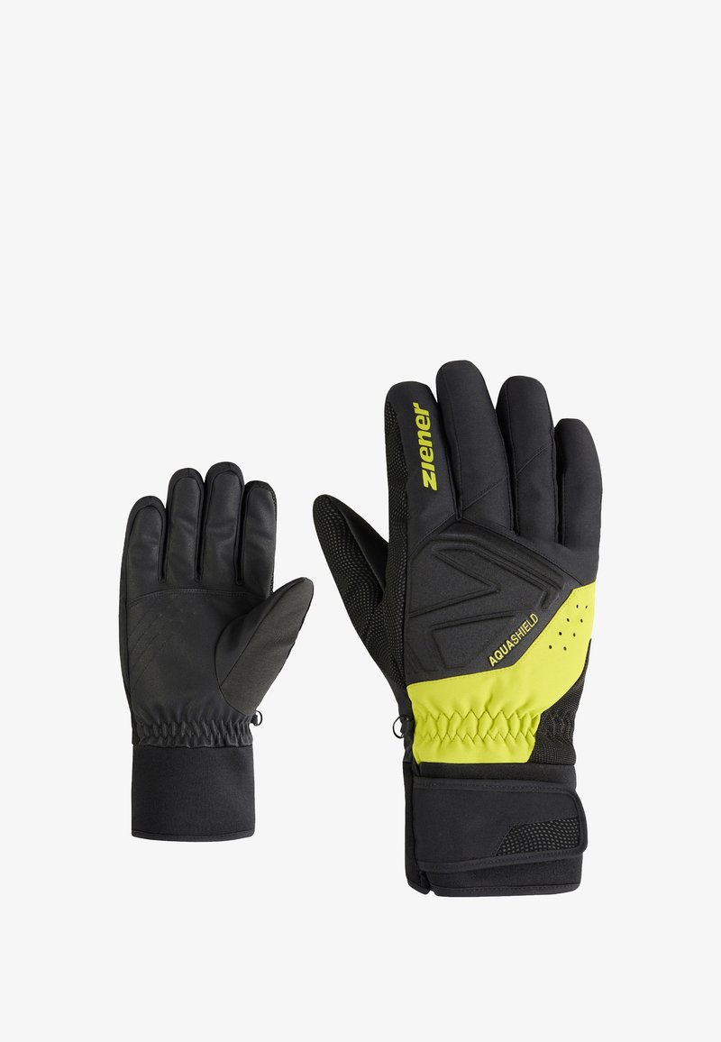 Black insulated gloves with yellow accents, featuring a textured grip, elastic wrist, and a design for water resistance.