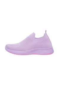 Lila Sportsschuh mit atmungsaktivem Mesh-Obermaterial, rutschfester Konstruktion, strukturiertem Muster und gepolsterter Sohle mit pinkem Akzent.