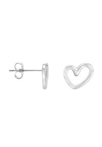Silverfärgade hjärtformade örhängen med en slät, polerad yta och öppen silhuett. Bakstycket har en standardstift med en fjärilsspärr.