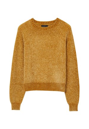 Maglione giallo senape a coste con collo a giro, maniche raglan e una vestibilità corta. Presenta un tessuto testurizzato e polsini e orlo a coste.