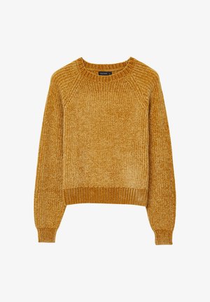 Maglione giallo senape a coste con collo a giro, maniche raglan e una vestibilità corta. Presenta un tessuto testurizzato e polsini e orlo a coste.