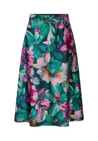 Blumenrock mit grünem Hintergrund und großen rosa und weißen Blumen. Der Stoff ist glatt und hat ein ausgestelltes Design sowie einen Taillenbund.