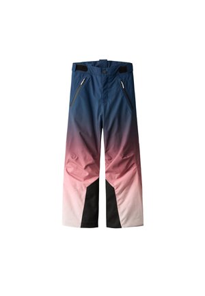 Sneeuwbroek met een blauw-roze verloop, met zwarte versterkte binnenbeenpanelen en ritszakken op een witte achtergrond.