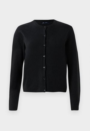 Cardigan noir à manches longues, col rond et fermeture à boutons sur le devant. Fabriqué en matériau tricoté doux, il présente une texture lisse.