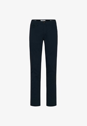 Navy blue unisex trousers made of stretch cotton blend, featuring a straight leg design, standard pockets, and front button closure.