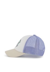 Casquette de baseball avec une visière beige, un panneau avant blanc orné de broderies florales et un arrière en mesh violet clair.