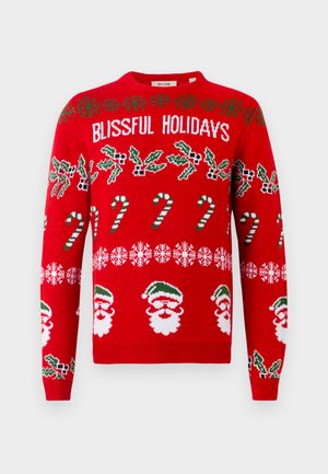 Red knit sweater featuring “BLISSFUL HOLIDAYS” text, green holly, candy canes, snowflakes, and Santa faces in white and green accents.
