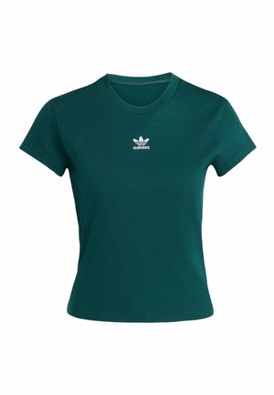 Zielona bawełniana koszulka z krótkim rękawem i okrągłym dekoltem, z białym logo Adidas na piersi. Gładka faktura, dopasowany fason.