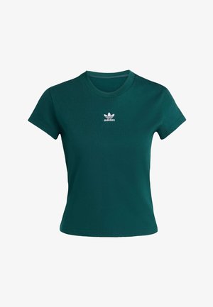 Grünes T-Shirt aus Baumwolle. Kurze Ärmel, Rundhalsausschnitt, mit weißem Adidas-Logo auf der Brust. Glatte Textur, körperbetontes Design.
