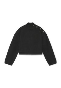 Maglione nero a maglia corto con colletto alto a coste, maniche lunghe e sei bottoni grigi decorativi sulla cucitura della spalla sinistra.