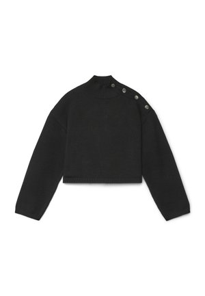 Cropped black knit sweater with a high ribbed collar, long sleeves, and six decorative gray buttons at the left shoulder seam.