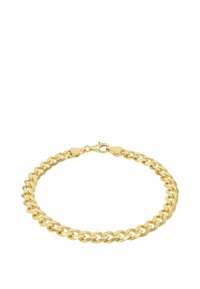 Pulsera de cadena de tono dorado con eslabones entrelazados y un cierre de langosta. Textura suave con un acabado pulido.