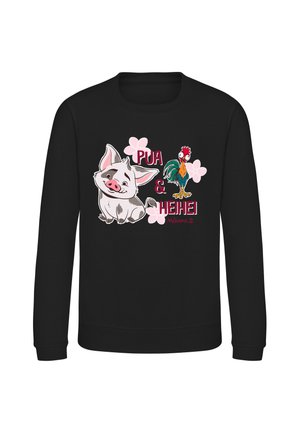 Sweat-shirt noir avec personnages dessin animé de cochon et coq, texte "Pua & Heihei," et petites fleurs roses de Vaiana 2.