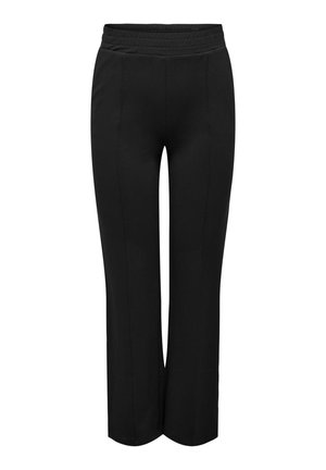 Black pants with an elastic waistband, straight-leg design, smooth texture, and front seam detailing. Made from a lightweight, stretchy fabric.