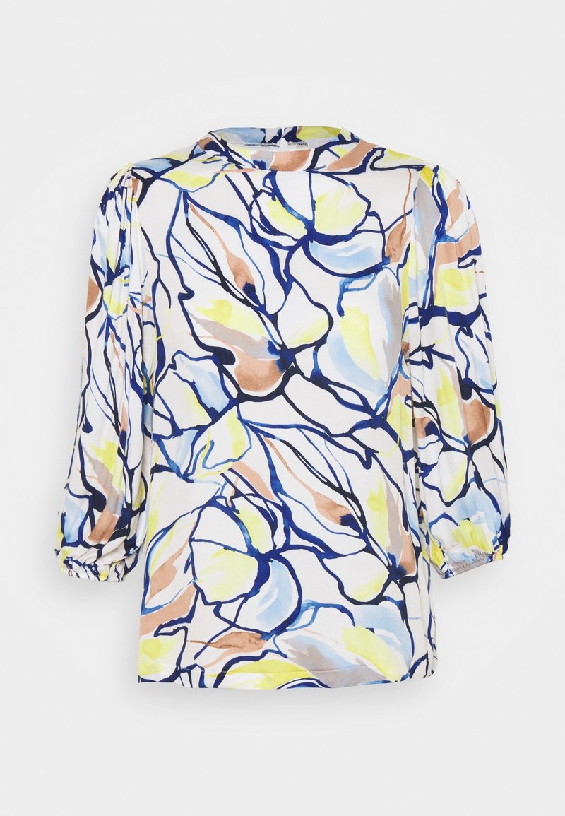 Blouse à manches longues avec motif floral abstrait en bleu, jaune, beige et blanc, avec un col rond haut et des poignets froncés.
