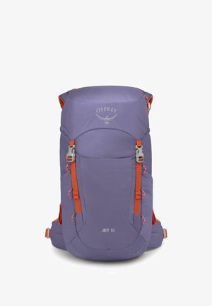 Sac à dos en tissu violet avec des bretelles orange, quincaillerie argentée et logo "JET 18". Caractéristiques de poches externes et d'un design épuré.