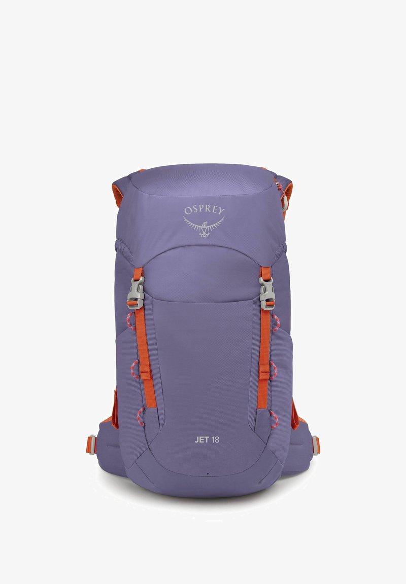 Zaino in tessuto viola con spalline arancioni, accessori in argento e logo "JET 18". Presenta tasche esterne e un design snello.