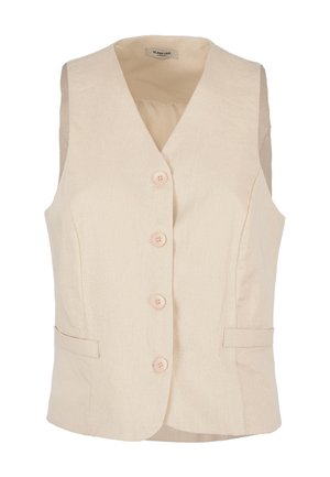 Beige mouwloos vest met V-hals, vijf knopen aan de voorkant, twee zijzakken en een gladde textuur. Voering is licht en zacht.