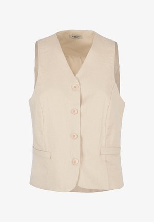 Beige mouwloos vest met V-hals, vijf knopen aan de voorkant, twee zijzakken en een gladde textuur. Voering is licht en zacht.