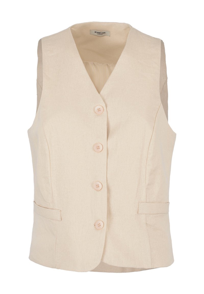 Gilet senza maniche beige con scollatura a V, cinque bottoni frontali, due tasche laterali e una texture liscia. Fodera leggera e morbida.