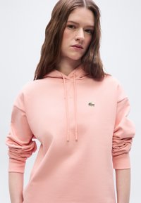 Mlada ženska z dolgimi rjavimi lasmi, oblečena v svetlo rožnato kapuco z majhnim zelenim logotipom krokodila na prsih, stoji pred enostavnim ozadjem.