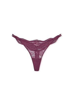 Bordeauxfarbene Spitzenstringtanga mit feinen Blattmustern, transparenter Textur, verstellbaren Trägern und einer gewellten Kante entlang des Bunds.