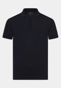 Navy short-sleeve polo shirt with a zippered collar, knit texture, and ribbed hem. Simple design with no visible patterns or accents.