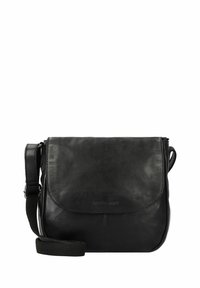Borsa a tracolla in pelle nera con chiusura a patta, tracolla regolabile, texture liscia e logo in rilievo. Design compatto e rettangolare.