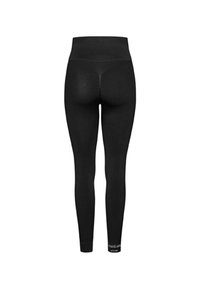 Juodos aukšto liemens vientisos tamprės su rauktu detaliu nugaroje ir mažu baltu logotipu prie čiurnos, baltoje fone.