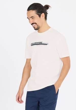 Lichtcrème t-shirt met een graphic van "Yellowstone National Park" in zwart en grijs. Korte mouwen, ronde halslijn, gemaakt van een katoenen mixstof.