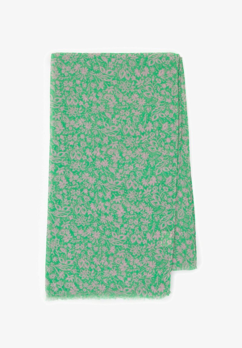 Sciarpa floreale verde con un delicato motivo di fiori e foglie rosa, tessuto leggero con bordi frangiati, forma rettangolare.