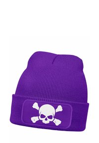 Purple knit beanie with a folded cuff. Features a white skull and crossbones graphic on a rectangular patch. Texture is ribbed.