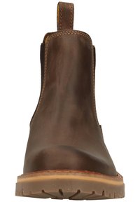 Braune Leder Chelsea-Stiefel mit elastischen Seitenpaneelen und Zugschlaufe. Verfügt über eine robuste Gummisohle und detaillierte Nähte an den Kanten.