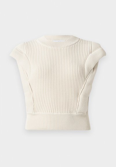 Cream ribbed knit top with short sleeves and a round neck. Features textured fabric and a fitted design. No visible fastenings or patterns.